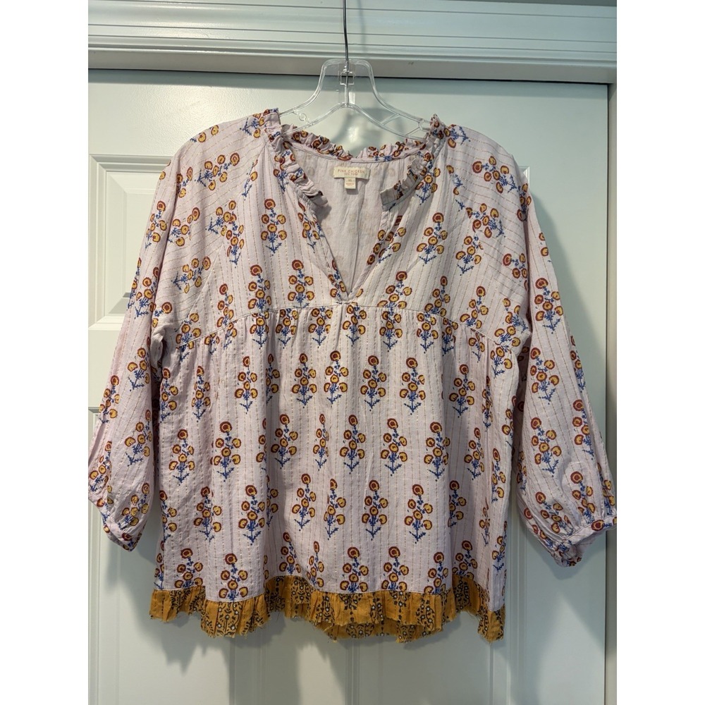 Pink Chicken Pink Floral Print Shirt Top Blouse 100% Cotton XS XSmall Women's